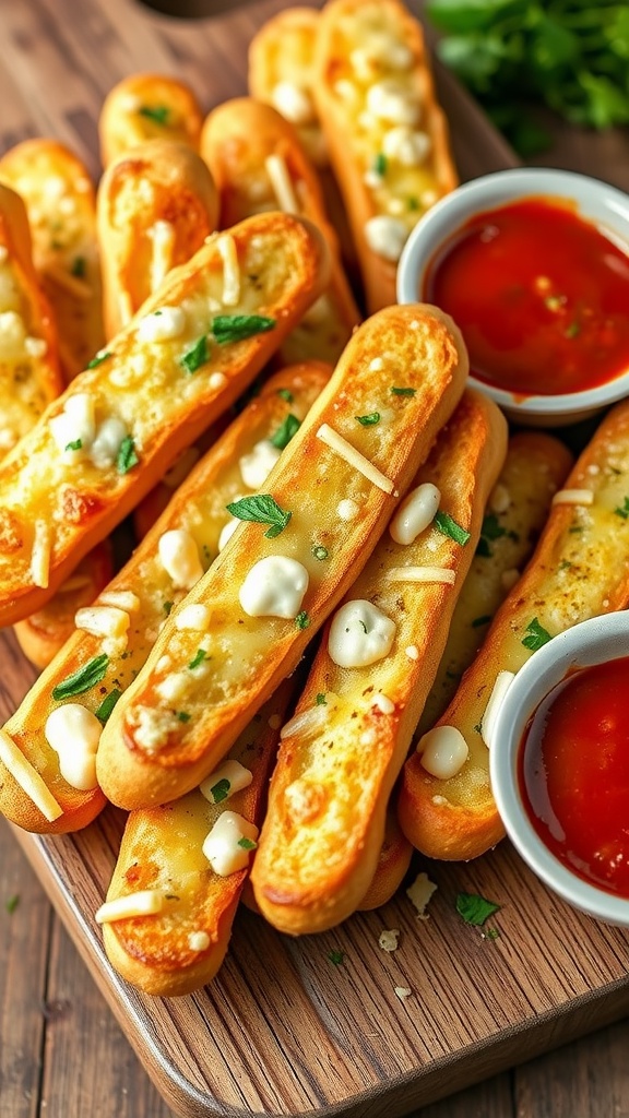 Golden cheesy garlic breadsticks on a wooden board with marinara sauce for dipping.